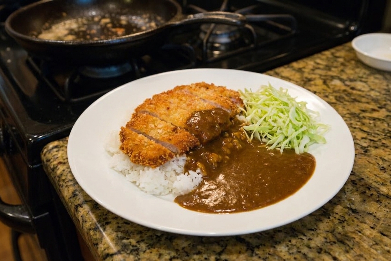 Sliced pork katsu arranged over white rice with curry sauce spooned beside it, served with shredded cabbage on a simple dinner plate