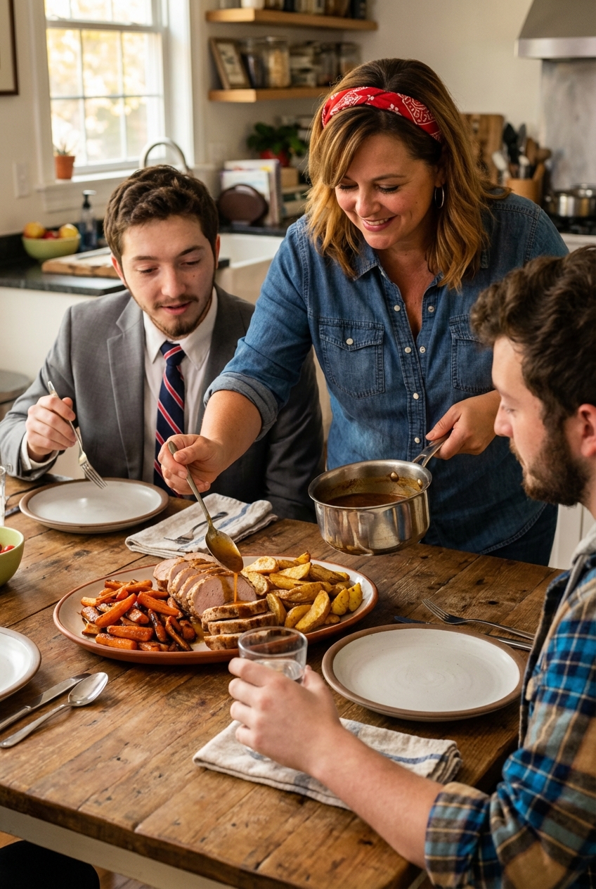 Sliced pork loin arranged on a platter with roasted carrots and potatoes, with pan sauce being spooned over the top