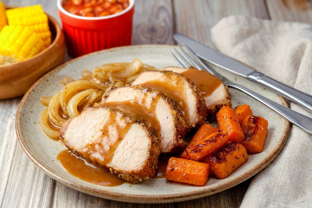 Sliced pork loin on a plate with gravy poured over it, served with onions and carrots on a simple dinner table
