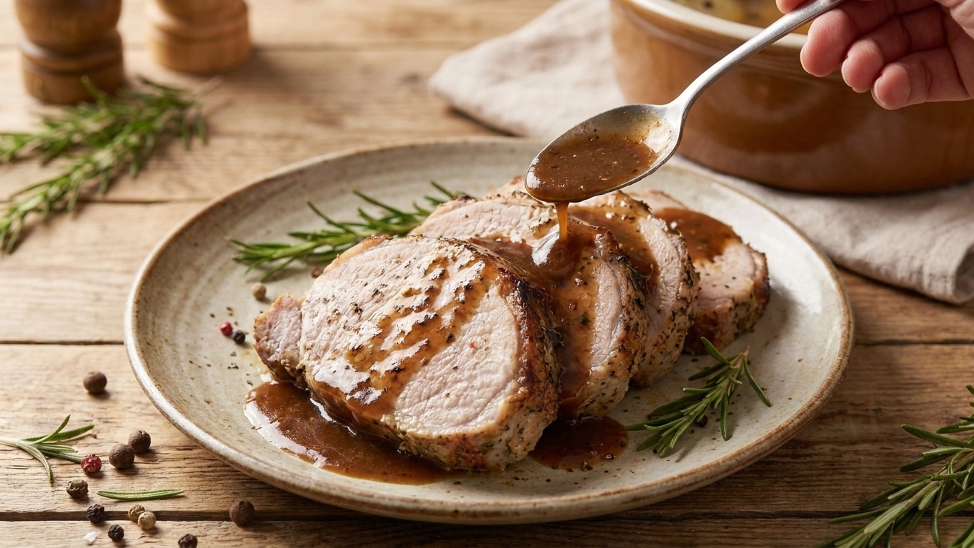 Sliced pork loin on a plate with gravy spooned over the top