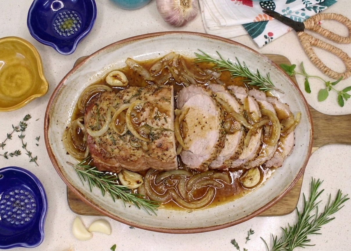 Sliced pork loin roast fanned on a serving platter with golden onions and glossy pan gravy, set on a dining table