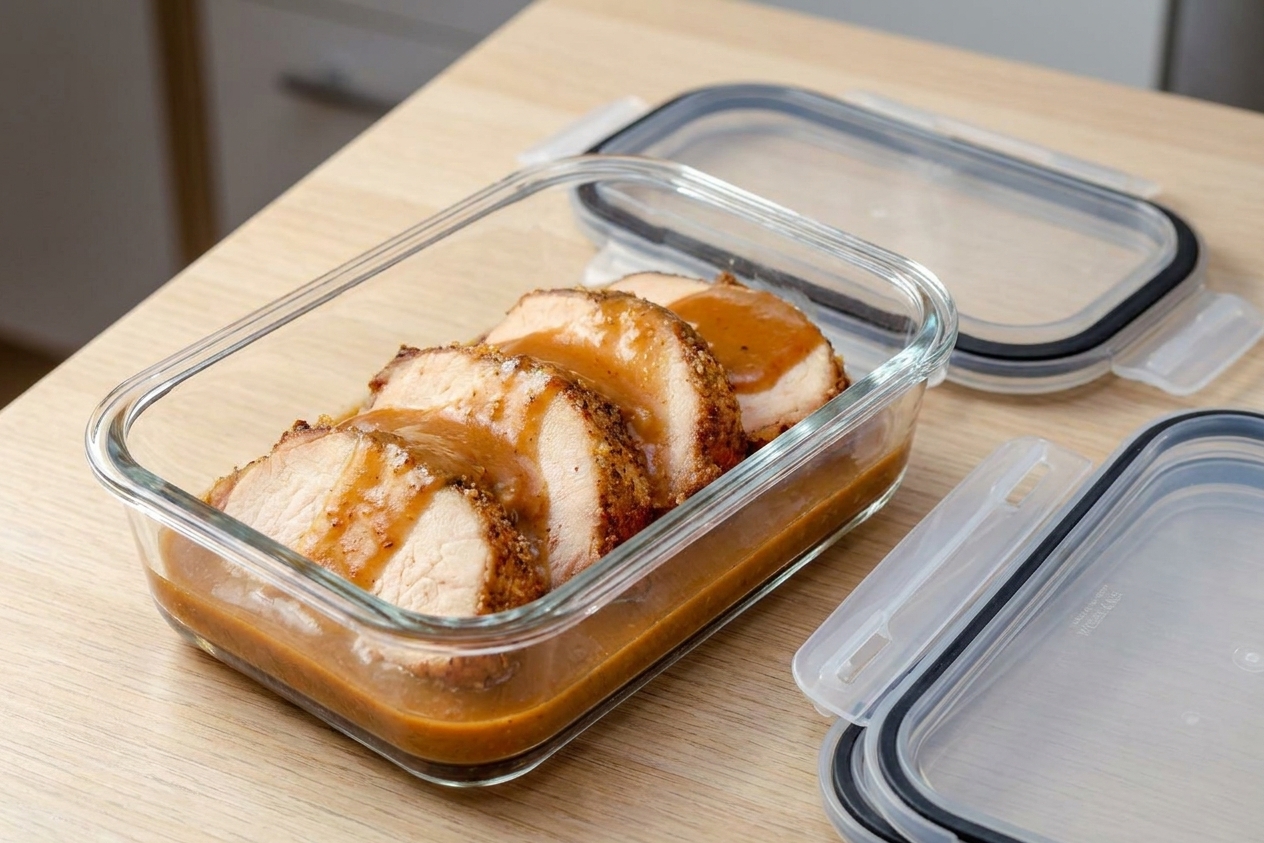 Sliced pork loin stored in a glass meal prep container with a small amount of gravy, set on a kitchen counter with lids nearby