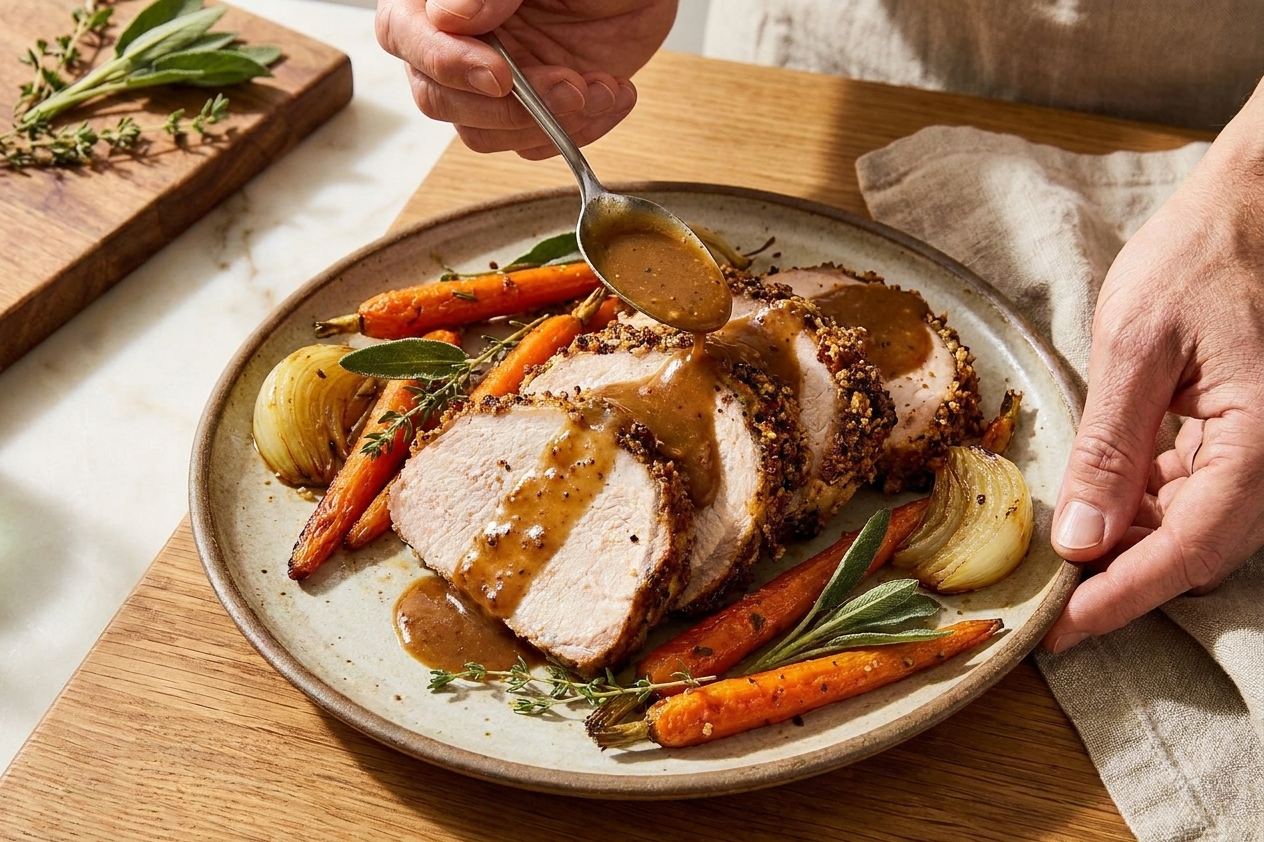 Sliced pork roast fanned on a dinner plate with roasted carrots and onions, topped with a spoonful of gravy