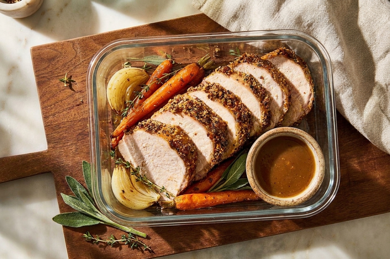 Sliced pork roast stored in a meal prep container with a small cup of gravy beside it