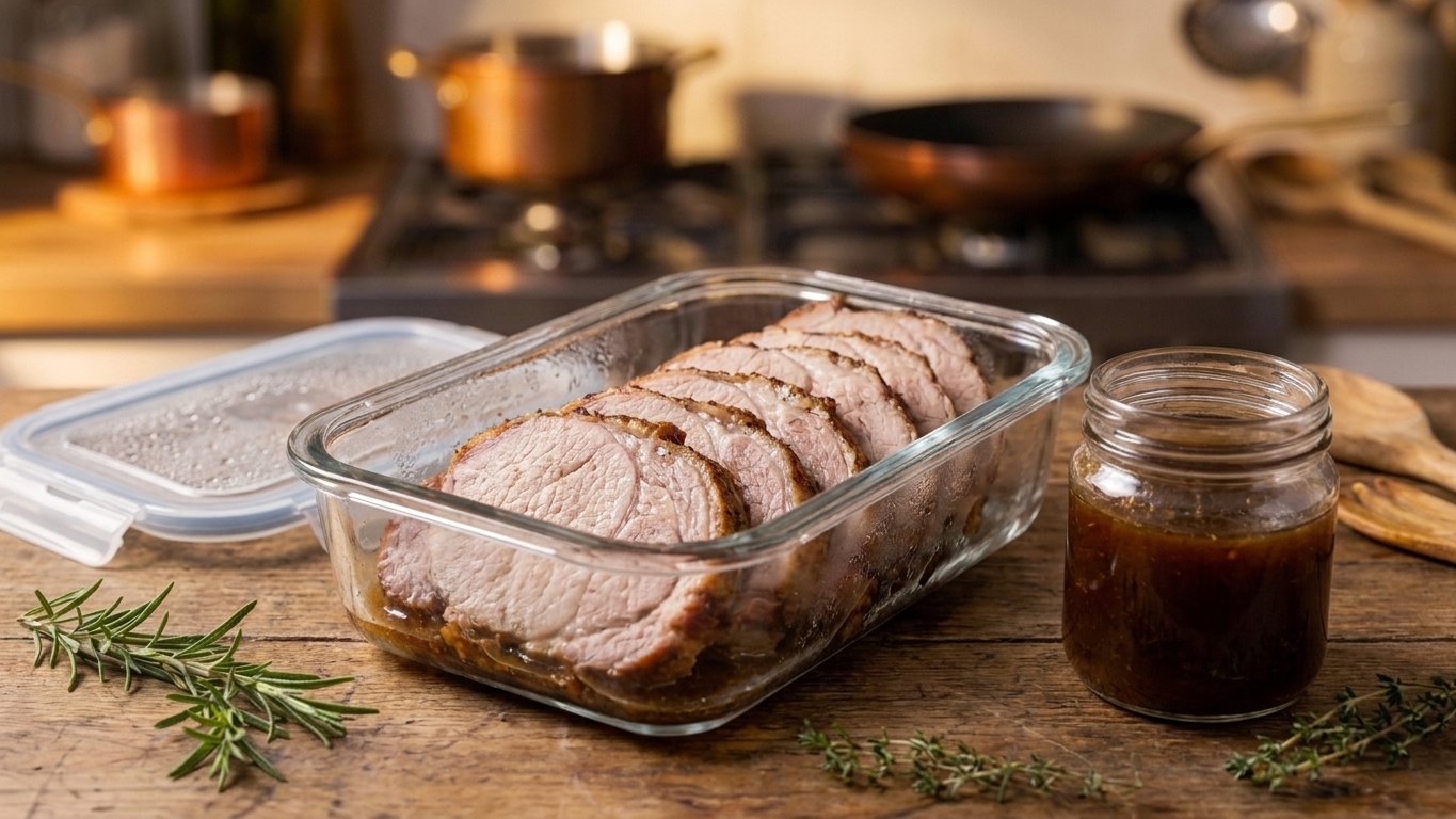 Sliced pork shoulder leftovers in a glass meal prep container with a small cup of pan juices beside it on a kitchen counter