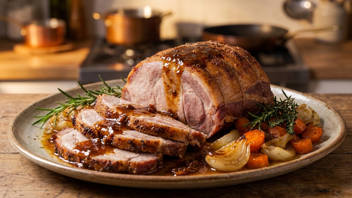 Sliced pork shoulder roast on a platter with glossy pan sauce drizzled over the top, with roasted onions and carrots on the side