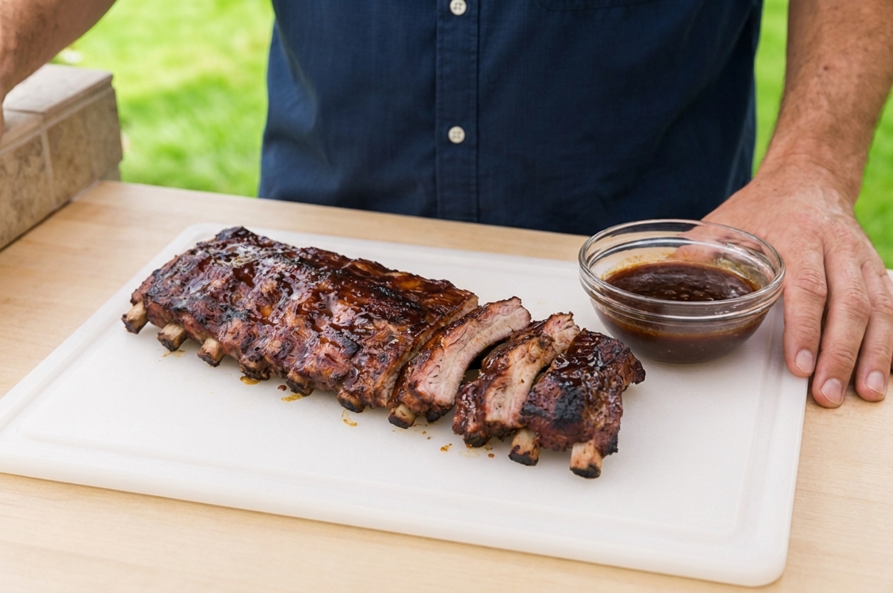 Sliced pork spare ribs arranged on a cutting board with a small bowl of extra barbecue glaze