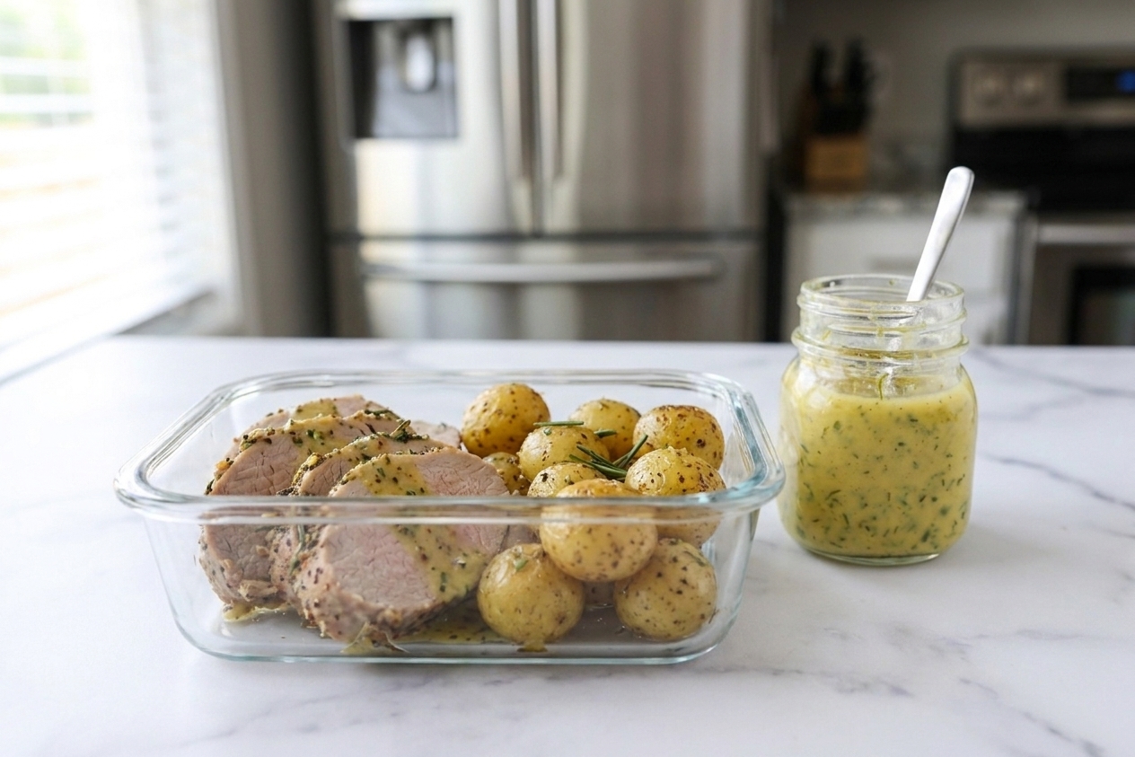 Sliced pork tenderloin and roasted potatoes stored in a glass meal prep container on a kitchen counter with a small container of sauce beside it