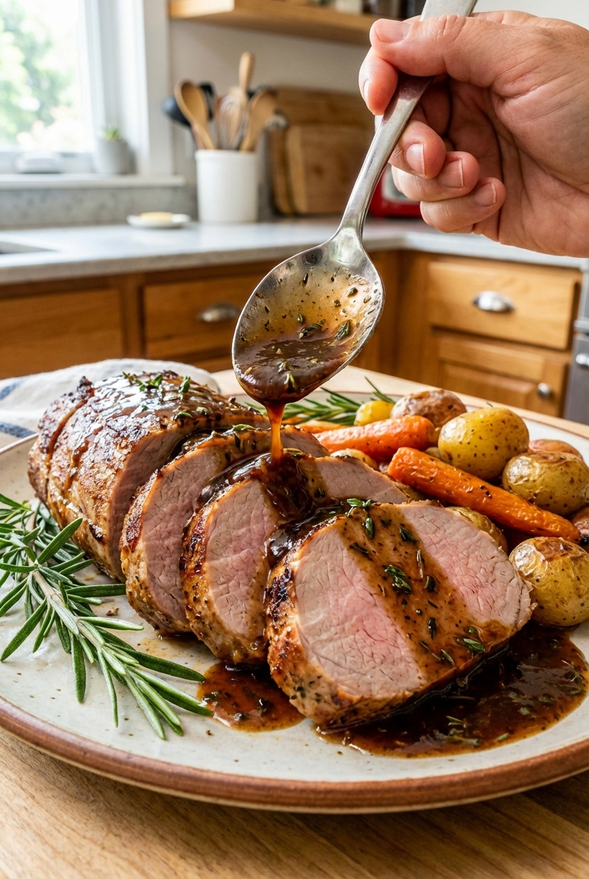 Sliced pork tenderloin arranged on a plate with pan sauce being spooned over the top
