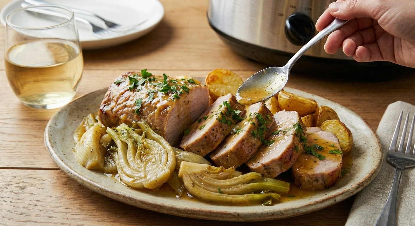 Sliced pork tenderloin being spooned with lemon garlic sauce from a slow cooker