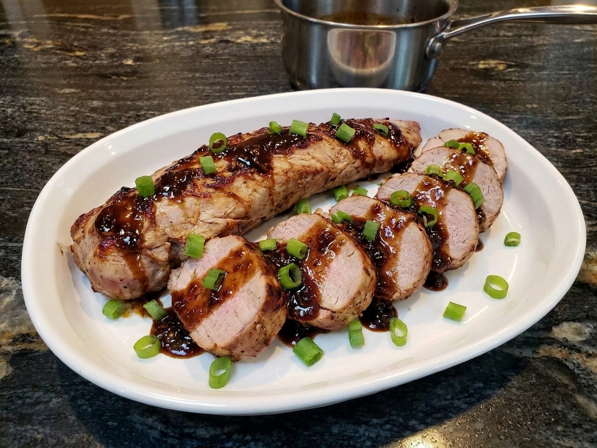 Sliced pork tenderloin fanned on a platter with sticky glaze drizzled over the slices and scallions scattered on top
