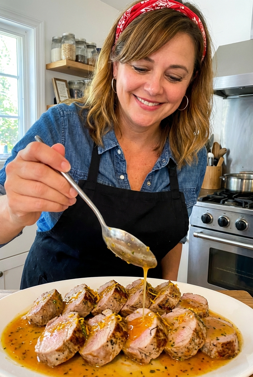 Sliced pork tenderloin medallions being spooned with orange lime pan sauce