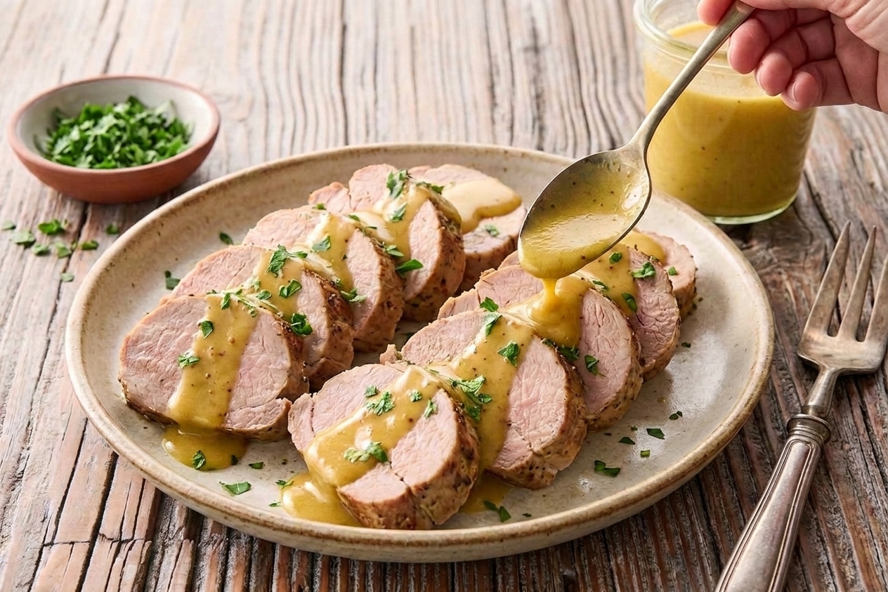 Sliced pork tenderloin on a plate while a spoon drizzles honey Dijon gravy over the top
