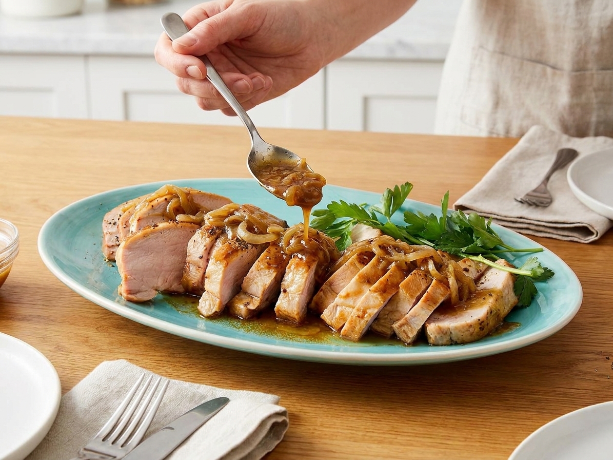 Sliced pork tenderloin on a serving platter while a spoon drizzles thickened onion gravy over the slices