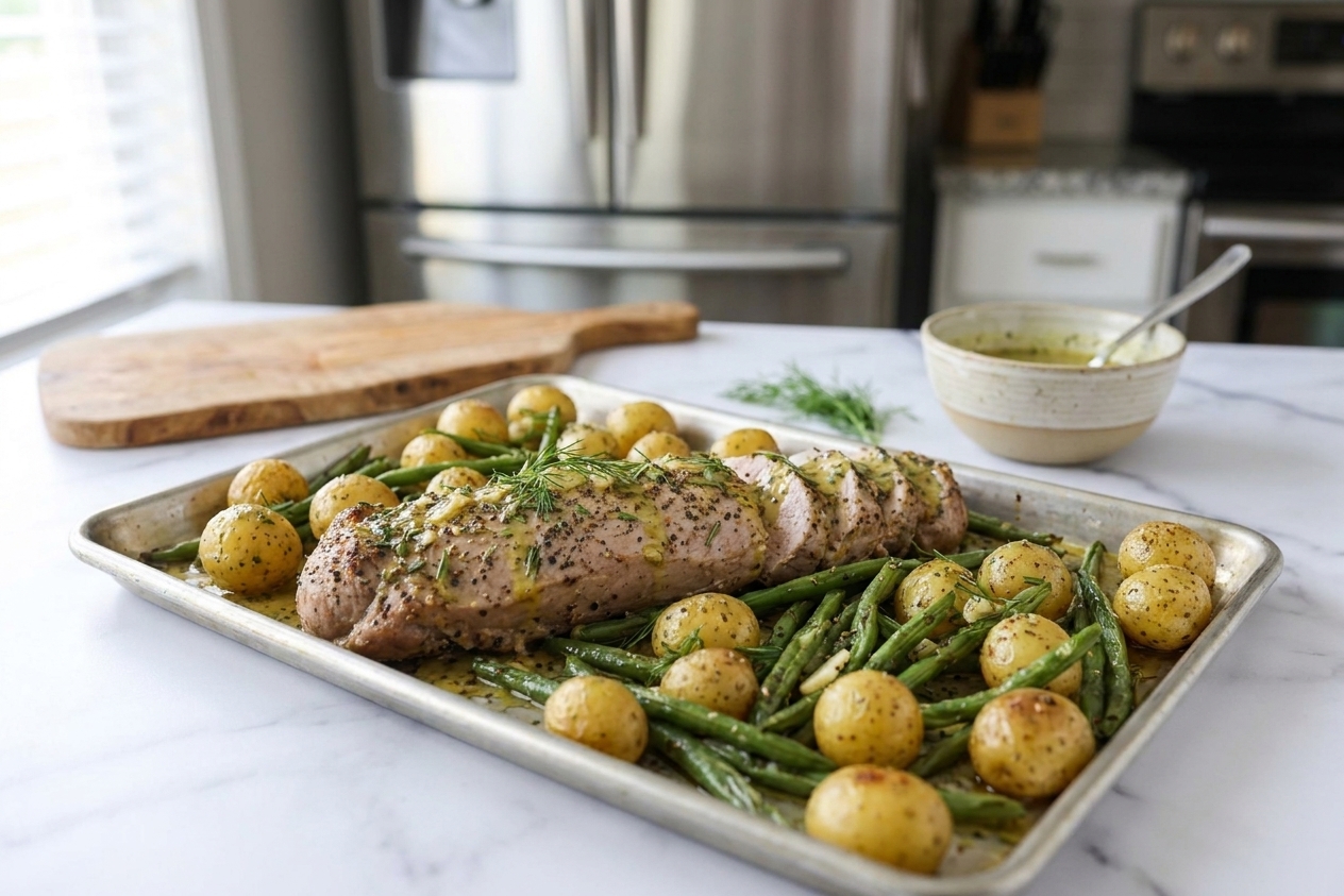 Sliced pork tenderloin on a sheet pan with roasted potatoes and green beans, finished with a glossy mustard herb sauce in a bright home kitchen