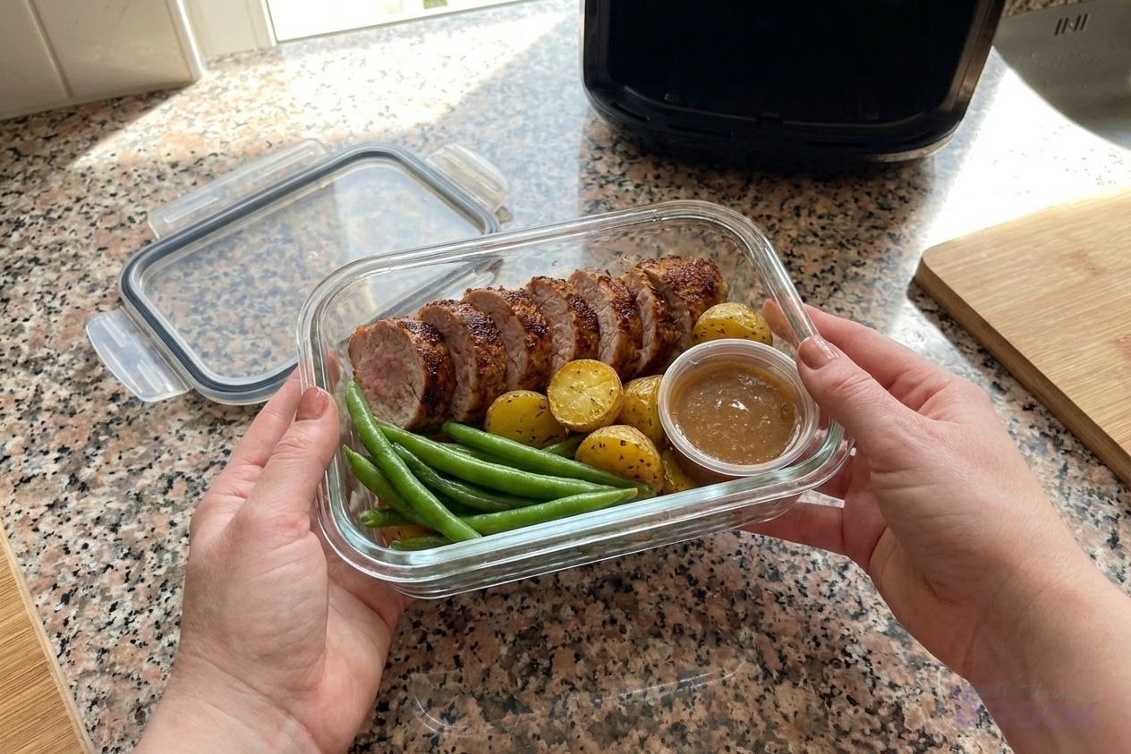 Sliced pork tenderloin stored in a glass meal prep container with a small portion of sauce and roasted vegetables on a kitchen counter