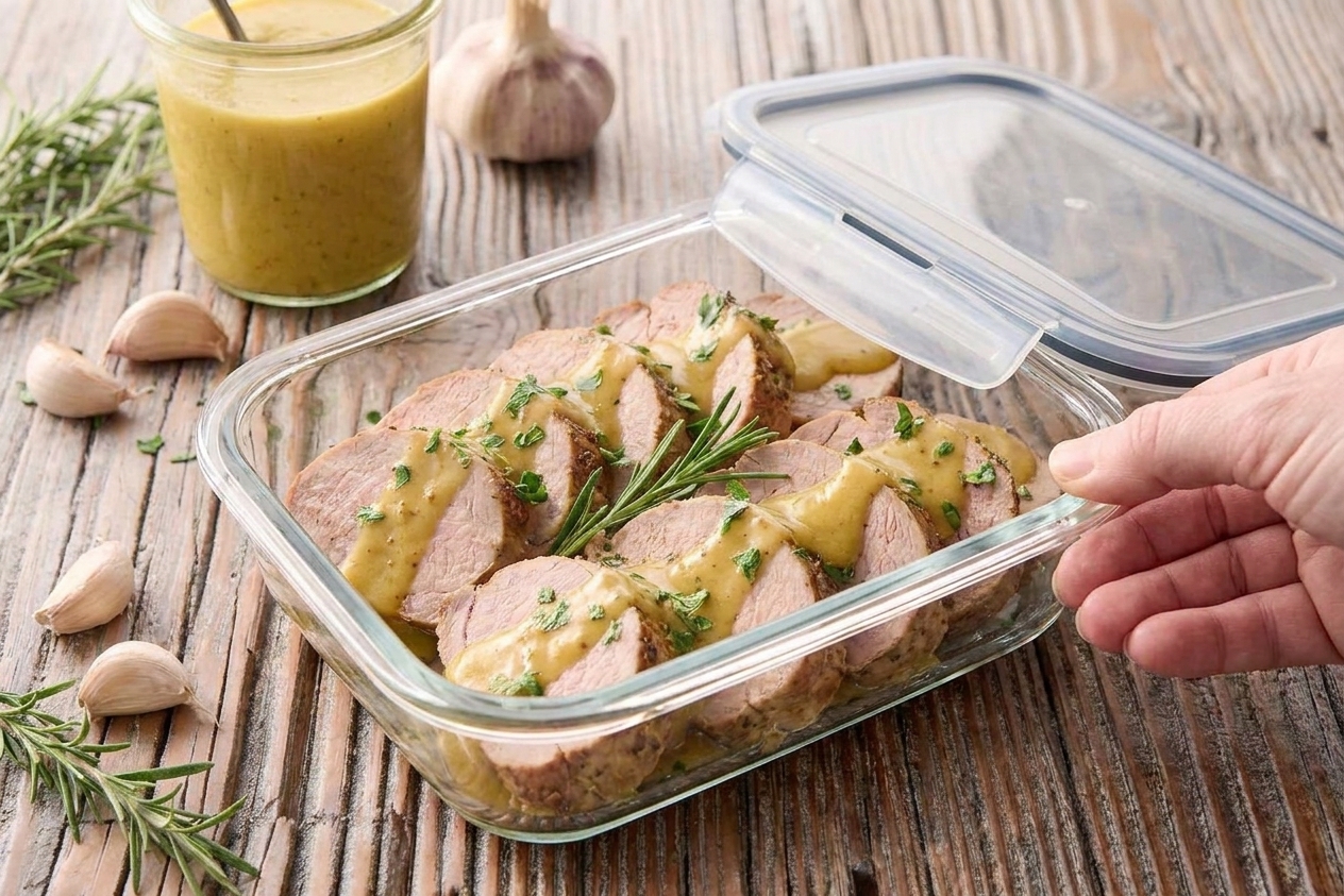 Sliced pork tenderloin stored in a glass meal prep container with sauce, ready for the refrigerator