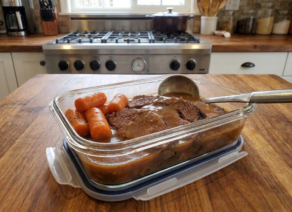 Sliced pot roast and carrots in a glass meal prep container with ladled gravy, sitting on a clean kitchen counter