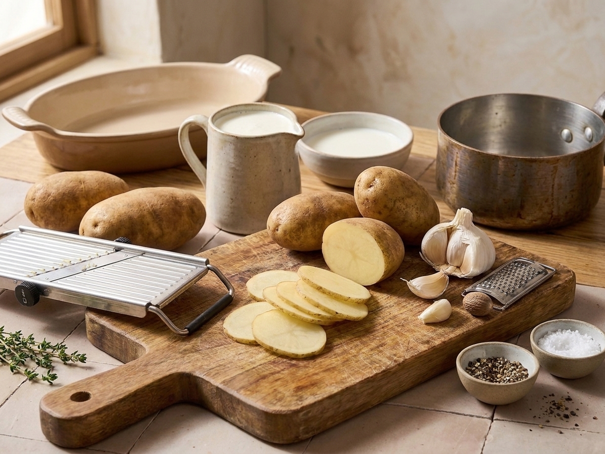 Sliced potatoes, cream, garlic, salt, pepper, and nutmeg arranged for a gratin on a kitchen counter