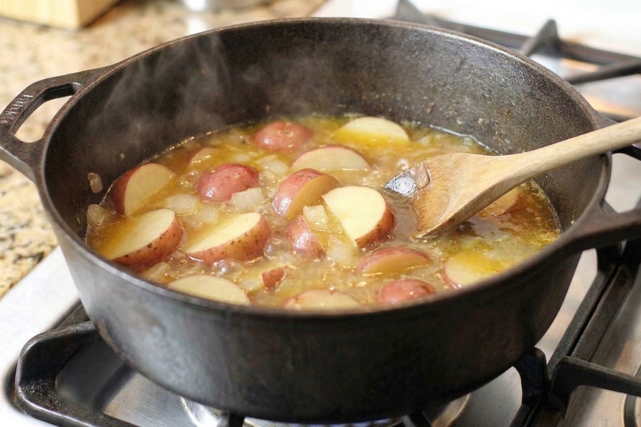 Sliced potatoes simmering in a golden broth inside a Dutch oven