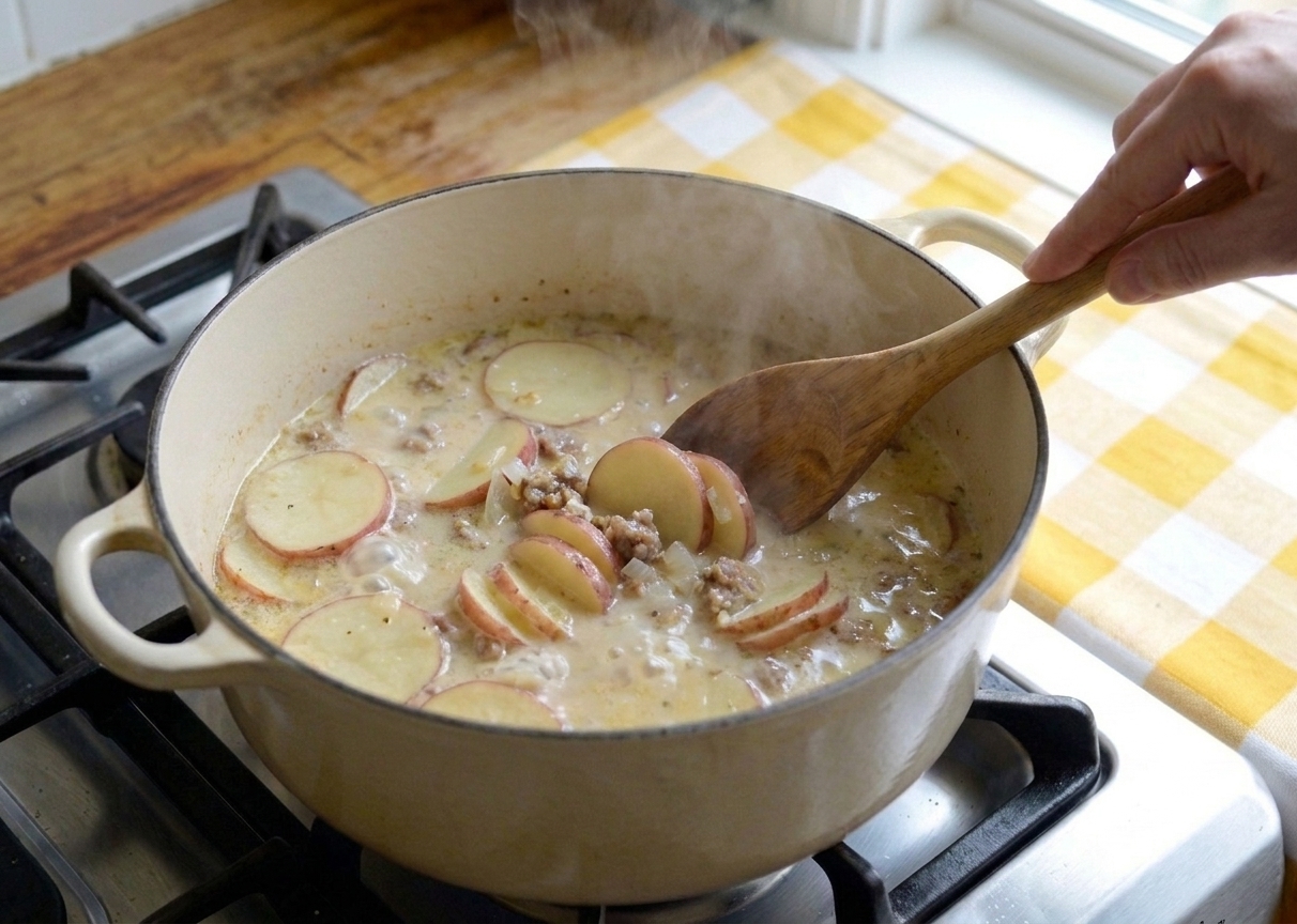 Sliced potatoes simmering in a light broth inside a Dutch oven with steam rising