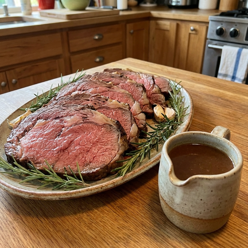Sliced prime rib arranged on a platter with rosemary sprigs and a small pitcher of pan sauce