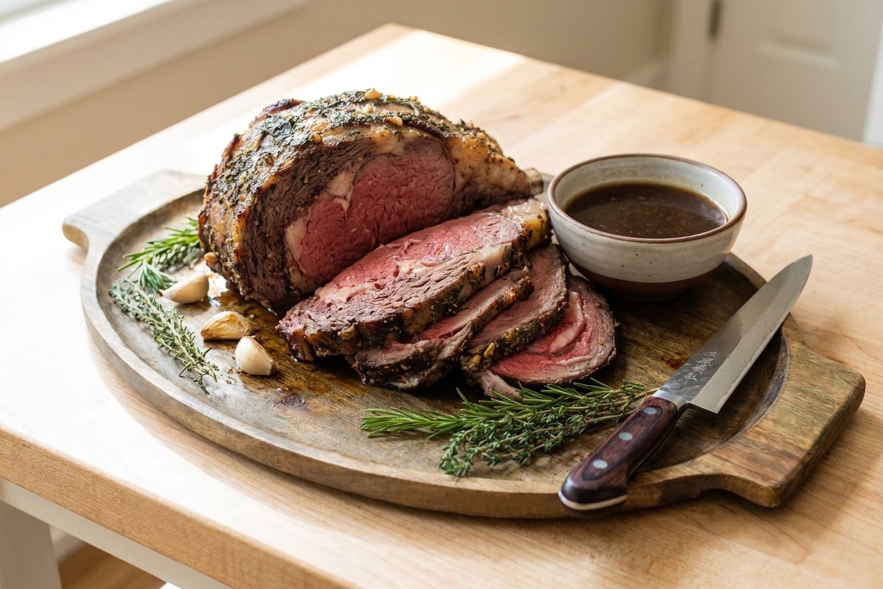 Sliced prime rib on a serving platter with a small bowl of au jus and a carving knife on the cutting board