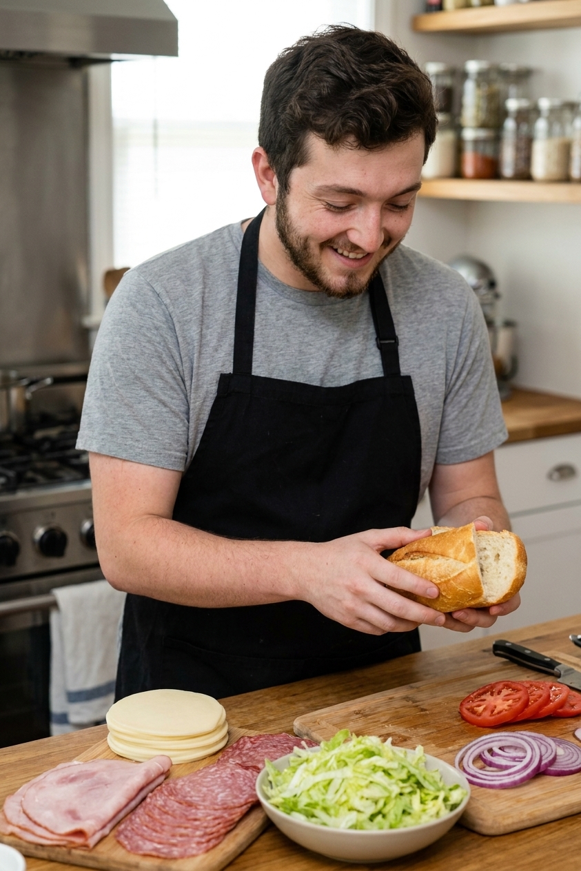 Sliced provolone, deli meats, shredded lettuce, tomato slices, red onion, and a crusty sub roll arranged on a kitchen counter ready for sandwich assembly