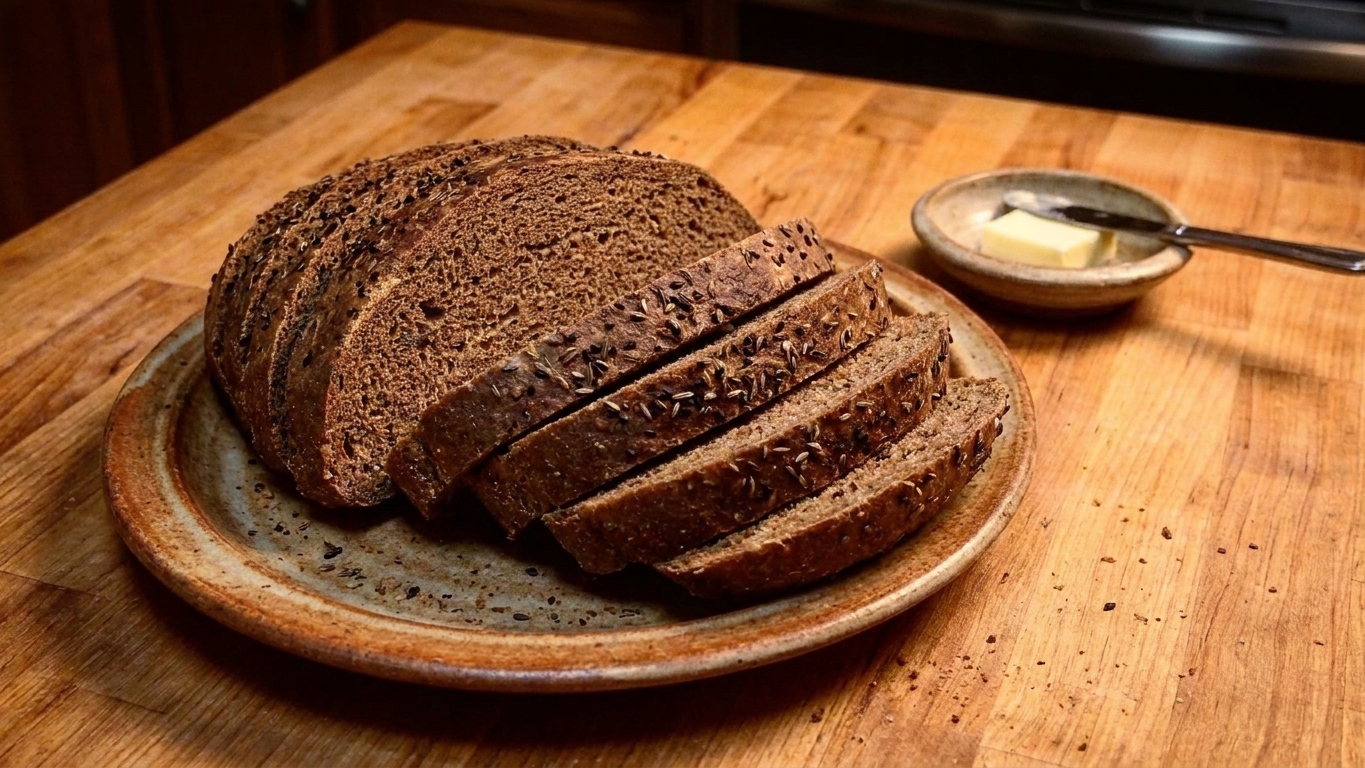 Sliced pumpernickel bread fanned on a ceramic plate on a wooden table with a small dish of butter nearby