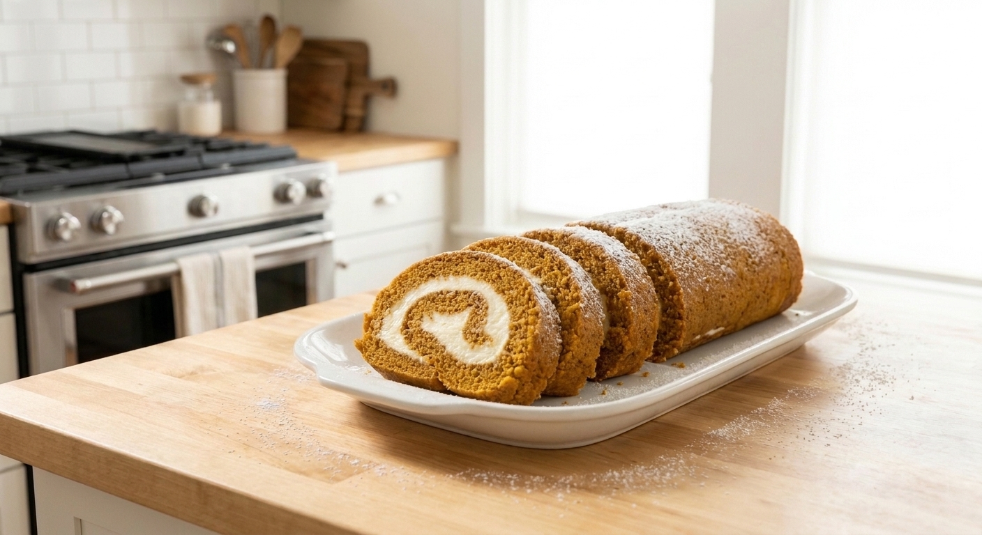 Sliced pumpkin roll on a white platter showing a neat cream cheese spiral, lightly dusted with powdered sugar on a warm wood table