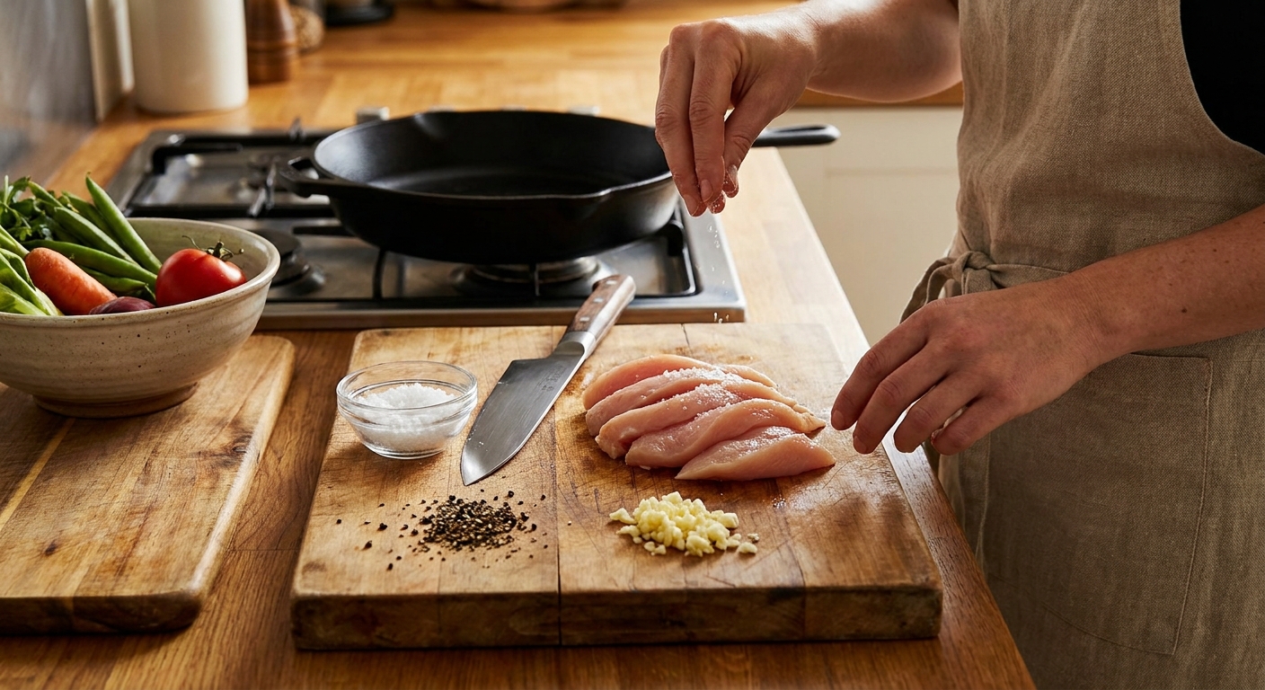 Sliced raw chicken breast on a cutting board with a chef's knife, salt, pepper, and minced garlic nearby on a kitchen counter