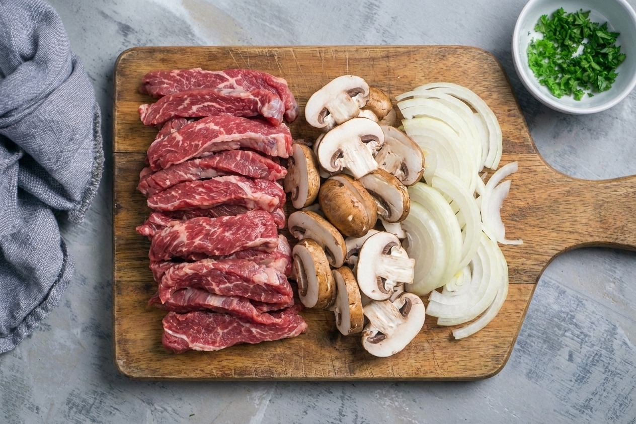 Sliced raw sirloin strips next to sliced mushrooms and onions on a cutting board, ready for cooking