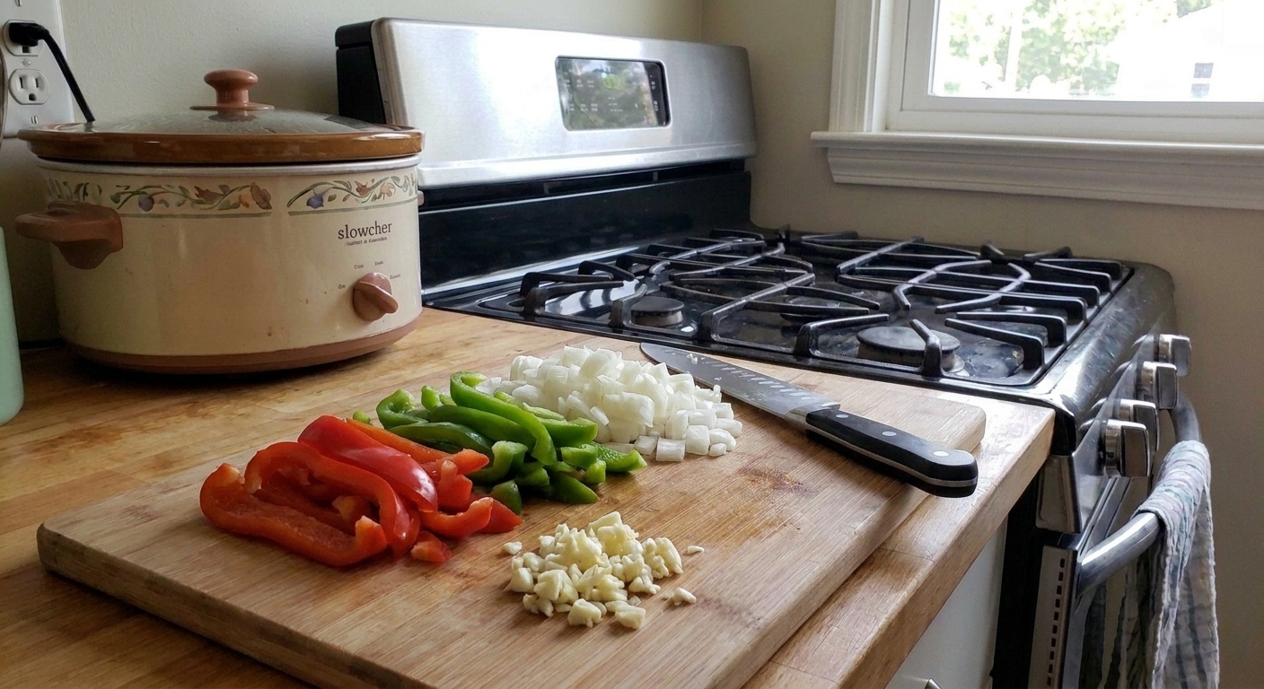 Sliced red and green bell peppers, diced onion, and minced garlic on a cutting board beside a chef's knife on a bright kitchen counter