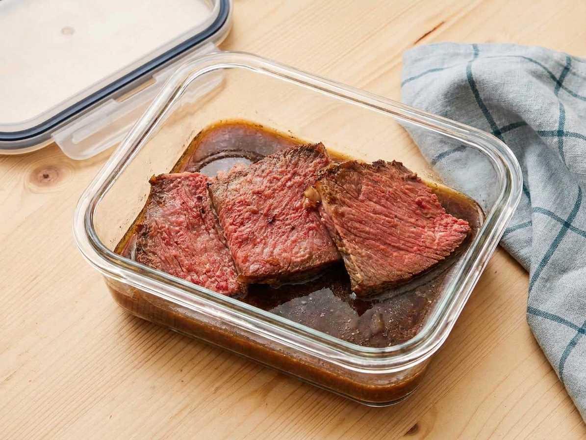 Sliced ribeye roast stored in a glass meal prep container with pan juices, ready for leftovers in the refrigerator