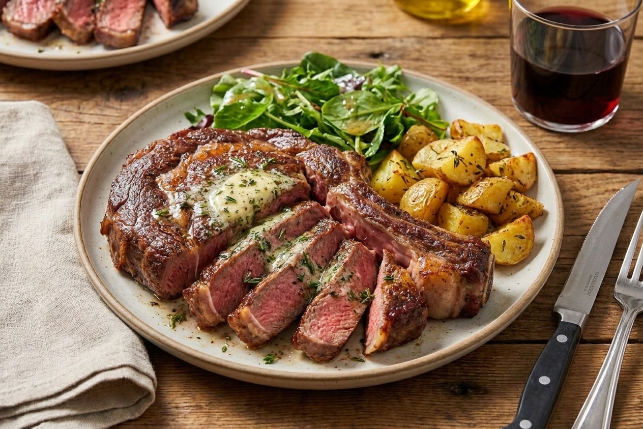 Sliced ribeye steak fanned on a plate with a glossy butter sheen, roasted potatoes and a green salad on the side at a dinner table