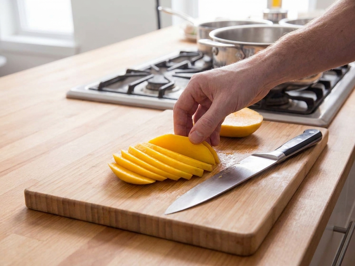 Sliced ripe mango fanned out on a cutting board with a chef’s knife on a bright kitchen counter