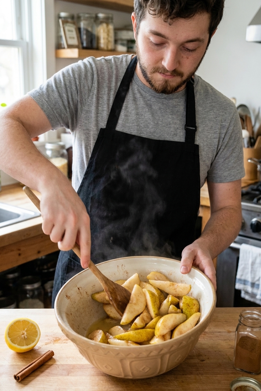 Sliced ripe pears in a mixing bowl with lemon juice and cinnamon being tossed with a spoon, close-up food photography