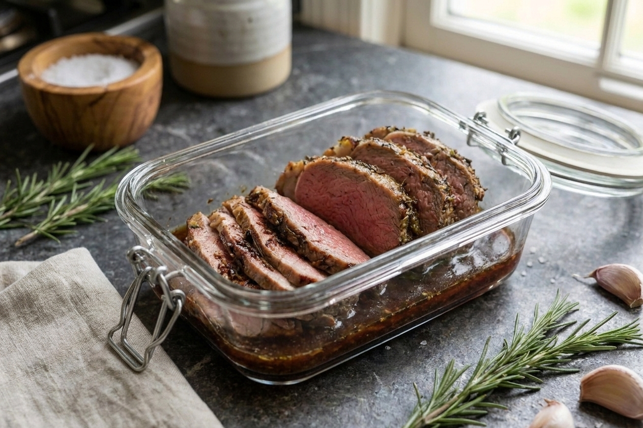 Sliced roast beef arranged in a glass airtight container with a small amount of pan juices, sitting on a kitchen counter