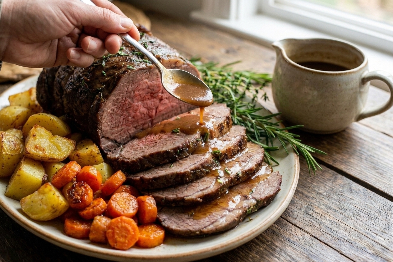 Sliced roast beef arranged on a platter with gravy spooned over the top, ready to serve