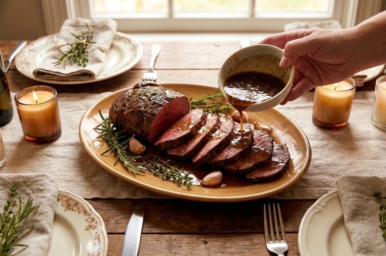 Sliced roast beef fillet on a serving platter with a small bowl of pan sauce and herbs scattered nearby