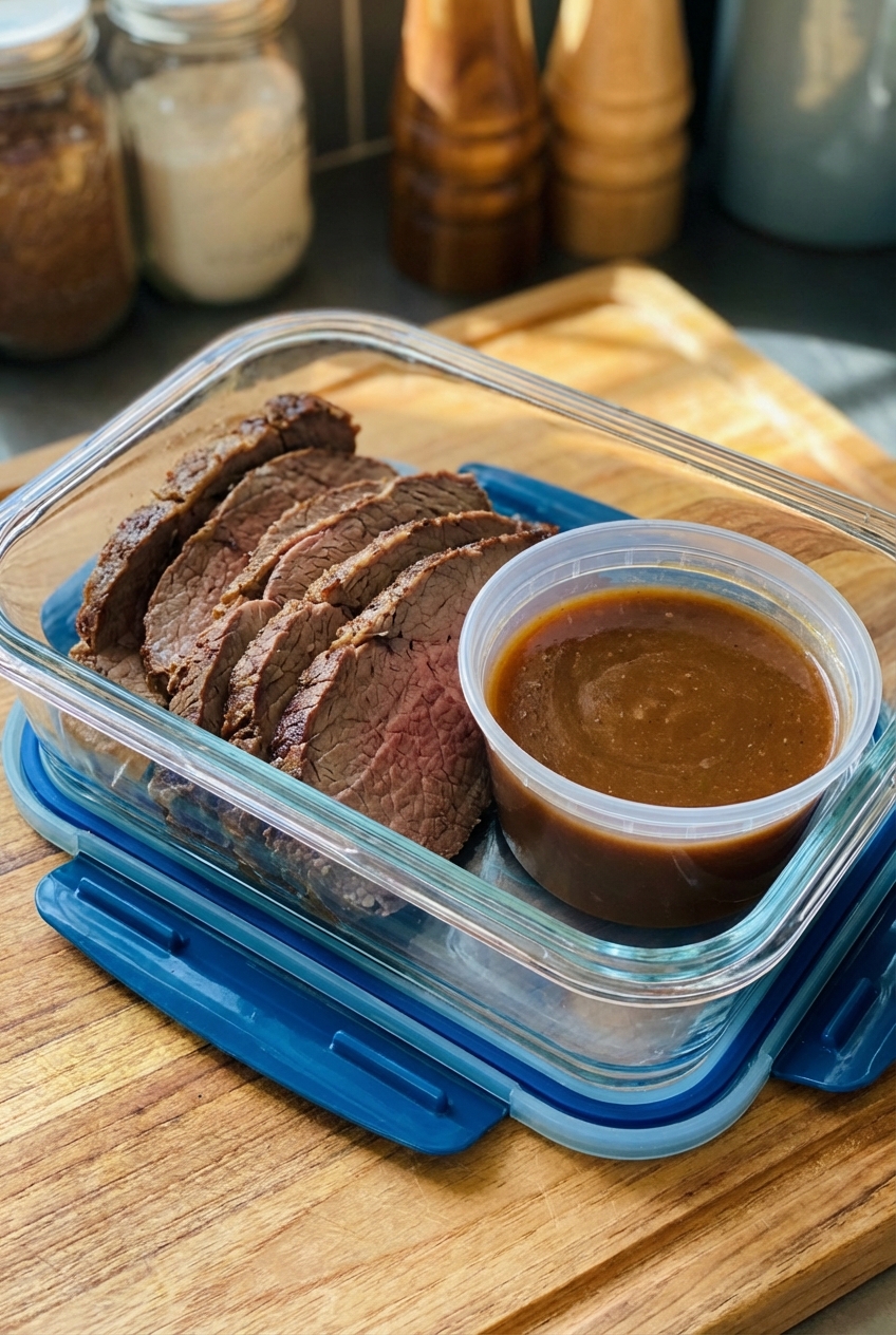 Sliced roast beef stored in a glass meal prep container with a small container of gravy