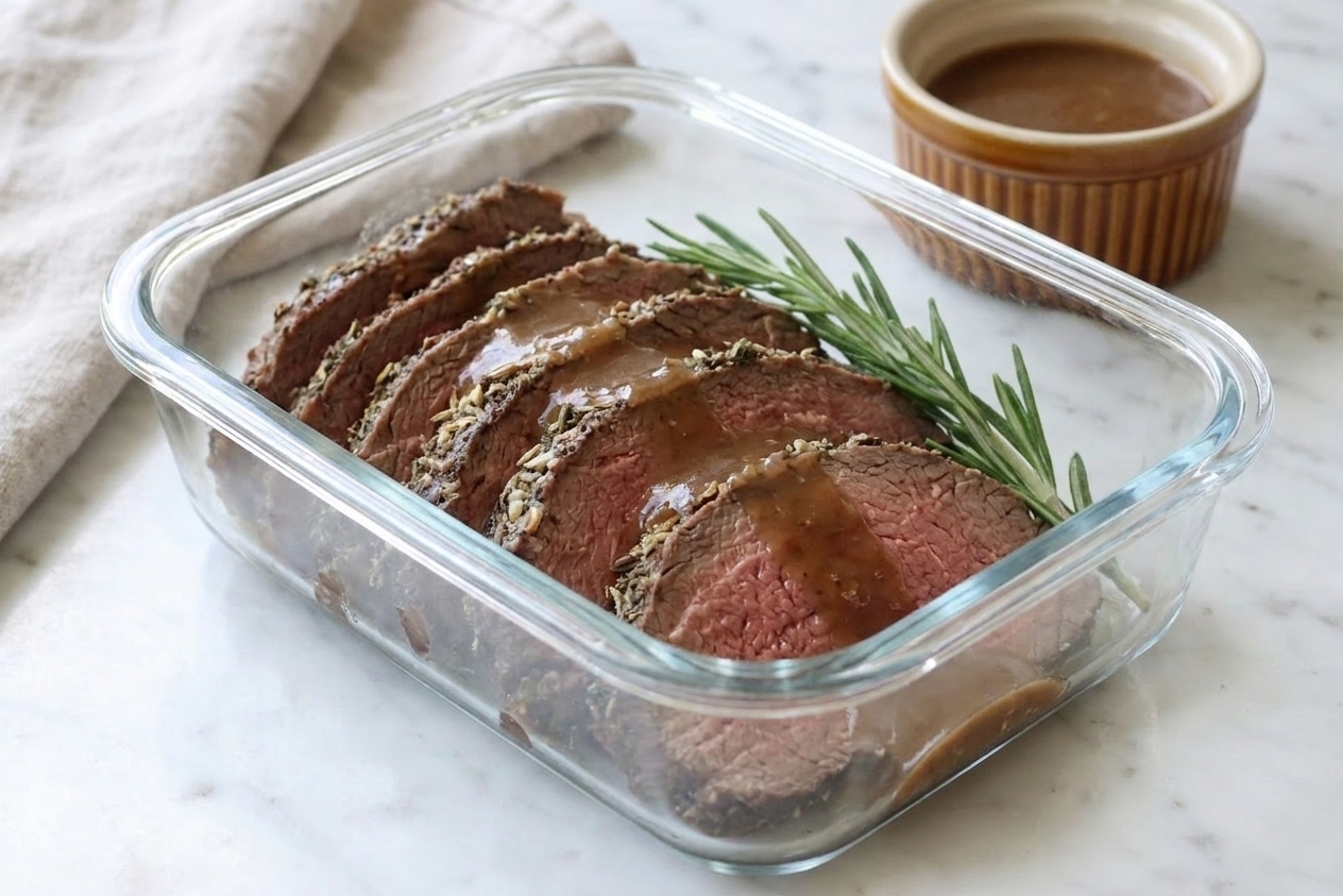 Sliced roast beef stored in a glass meal prep container with a small amount of gravy, sitting on a kitchen counter