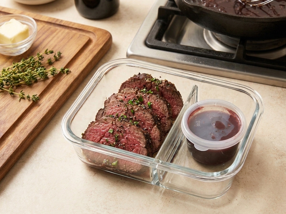 Sliced roast beef tenderloin stored in a meal prep container with a small separate container of red wine pan sauce.