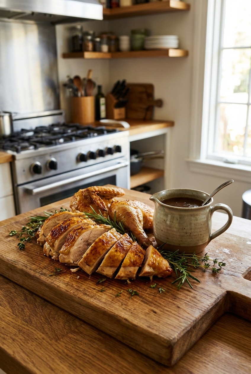 Sliced roast chicken on a cutting board with a small pitcher of pan gravy