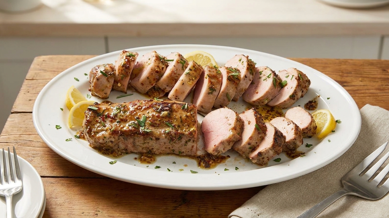 Sliced roast pork fillet arranged on a serving platter with herb flecks, pan juices, and lemon wedges on a warm kitchen table