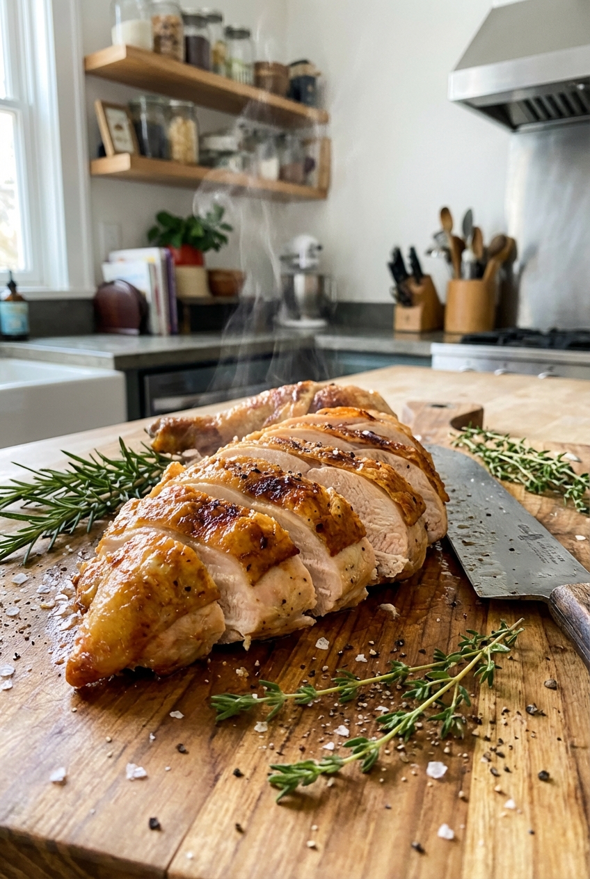 Sliced roasted chicken breast on a cutting board