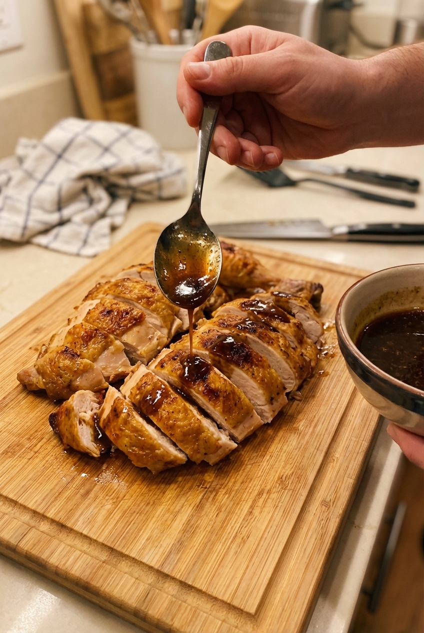 Sliced roasted chicken on a cutting board with a spoon drizzling pan sauce