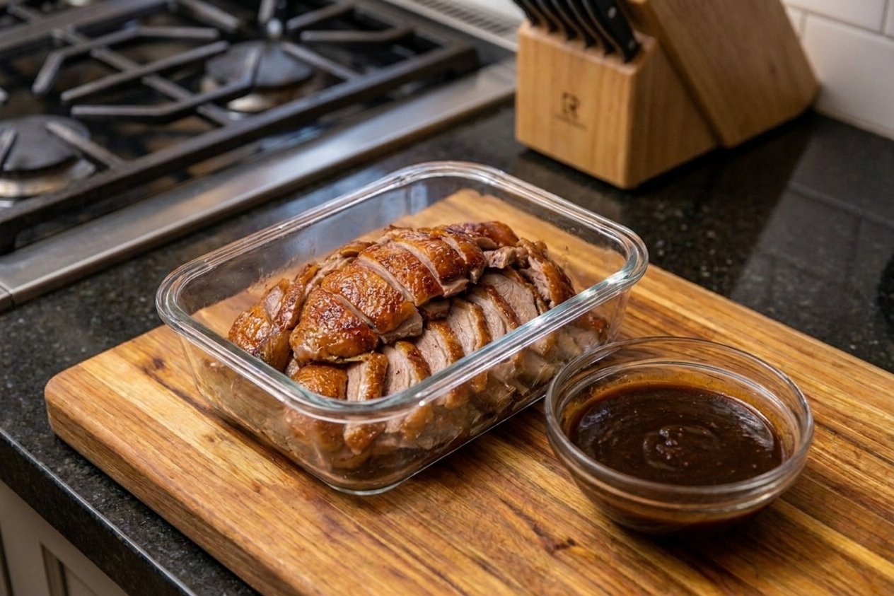 Sliced roasted duck stored in a glass container with a separate small container of dipping sauce beside it