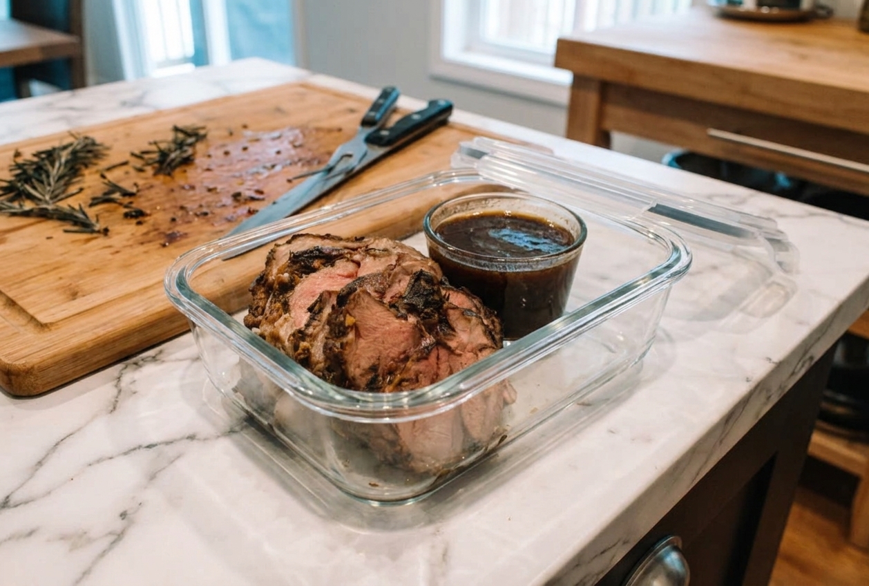 Sliced roasted lamb packed into a glass meal prep container with a small cup of pan sauce on a kitchen counter