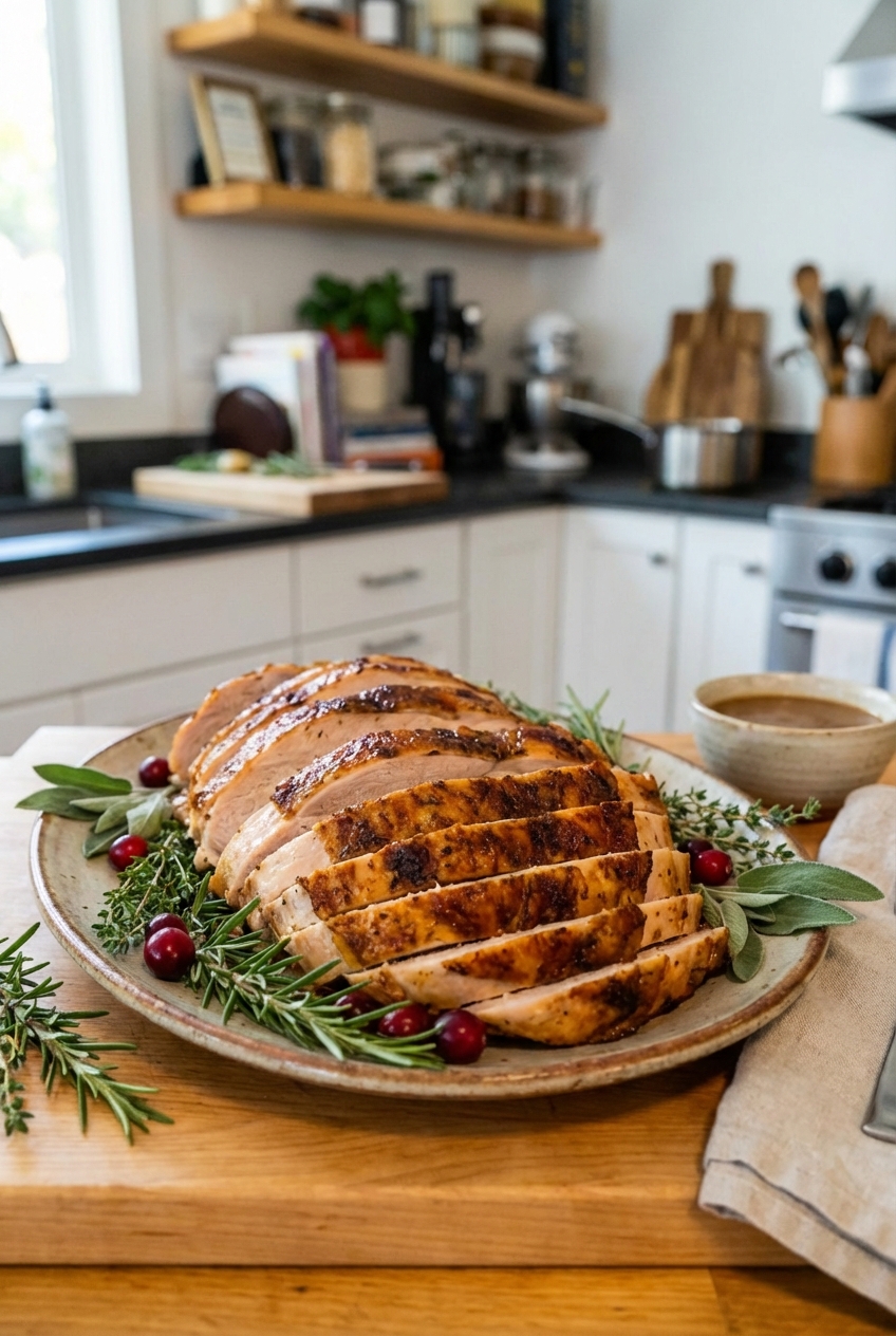 Sliced roasted turkey breast on a platter with herbs